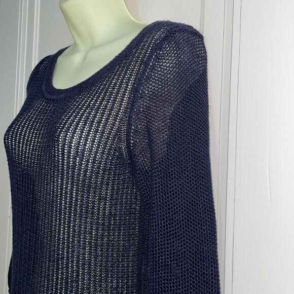 Talbots navy blue loose weave long sweater with 3/4 sleeves - Picture 3 of 8